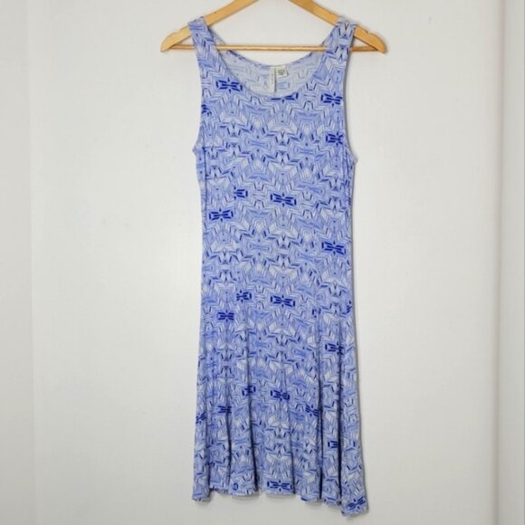 Ripe Blue White Geometric Print Sleeveless Scoop Neck Flared Midi Dress Sz M - Picture 1 of 8